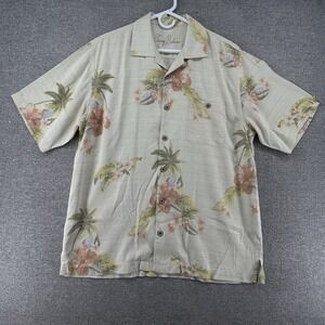 Tommy Bahama Hawaiian Shirt Men Size Large Short Sleeve 100% Silk Beige Casual